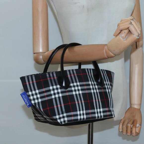 Burberrys Nova Check Blue Label Hand Bag Nylon Black Silver Auth - Picture 1 of 15